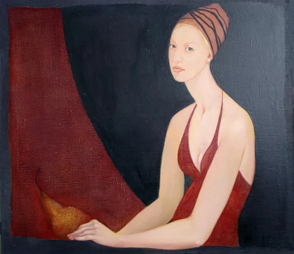 A girl with a pear